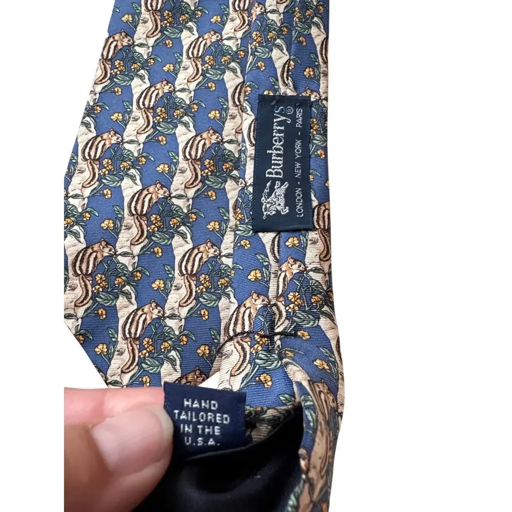 Vintage Burberrys Silk Necktie Blue Chipmunk Novelty Print Tie